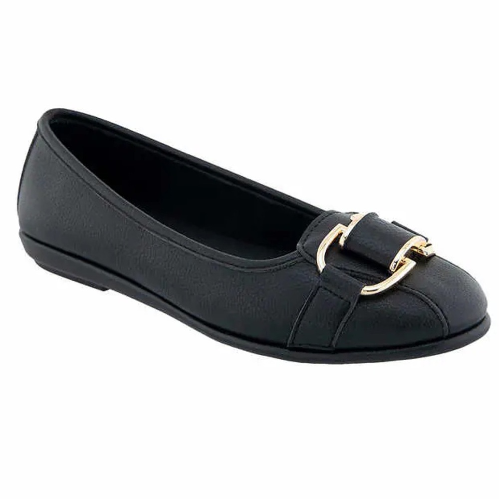 Black Women's Ballet Flat with Gold Buckle